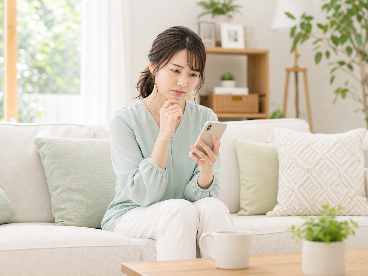 スマートフォンを見ながら悩む女性