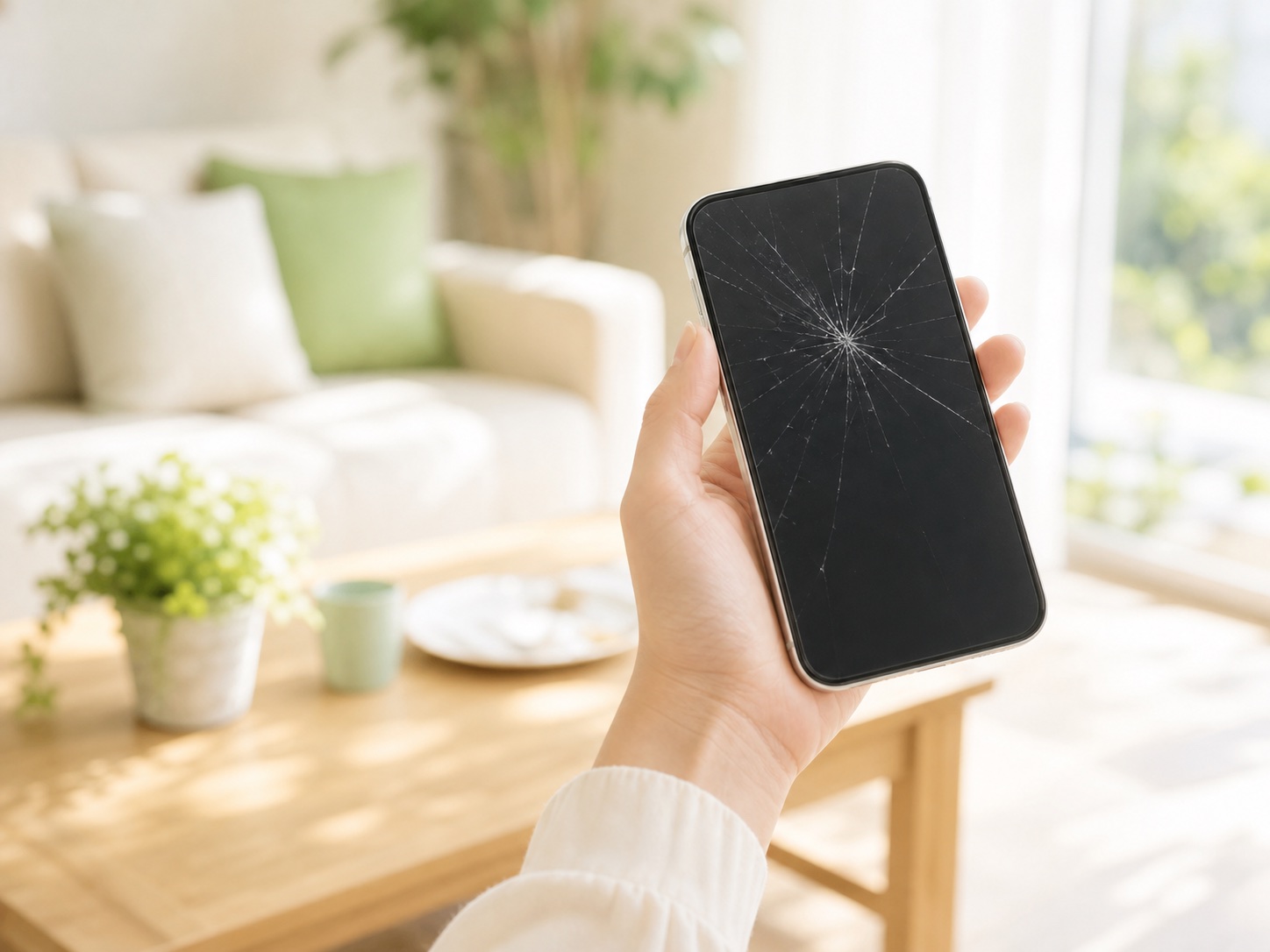 画面が割れたスマートフォン